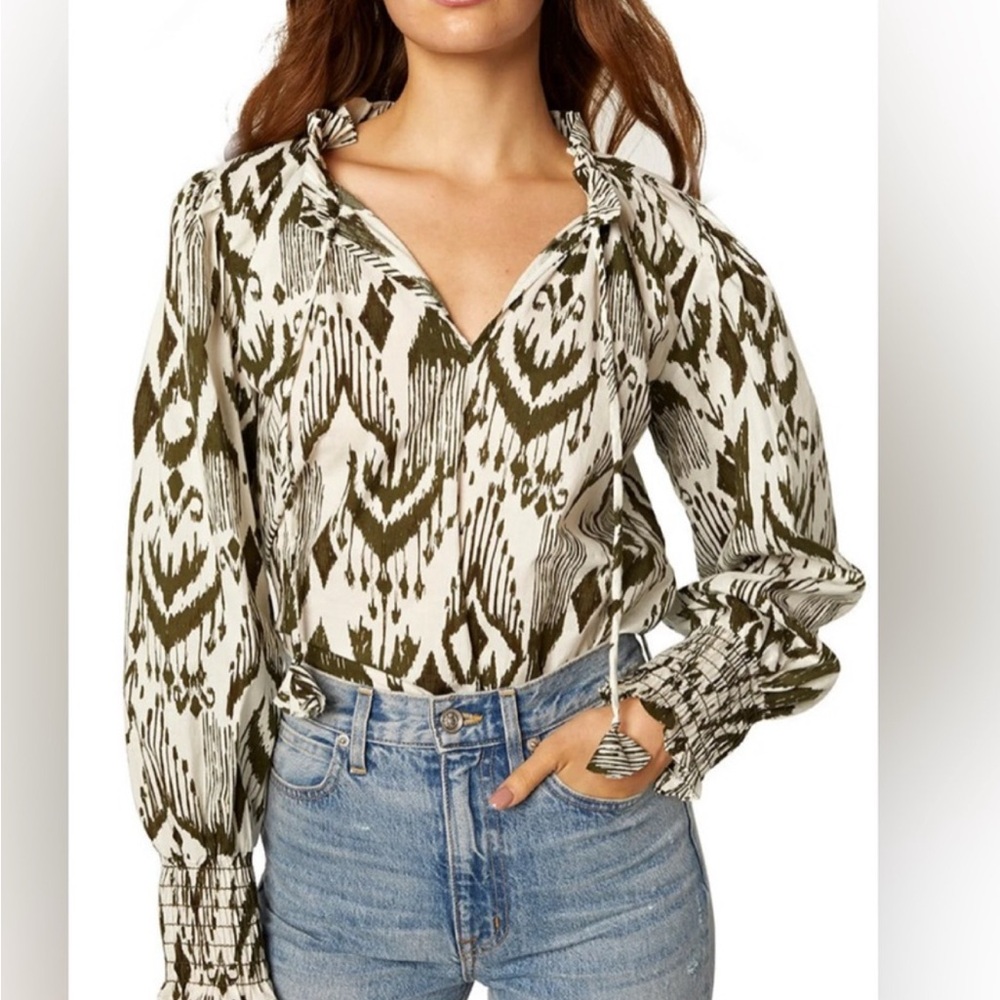 EUC Misa Los Angeles EUC size Medium Ikat Olive and Cream Blouse